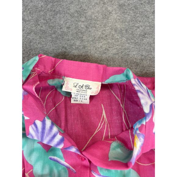 VINTAGE 80s LA Chic Mini Shirt Dress Girls Size 14 Pink Floral Belted Tropical - Picture 4 of 4